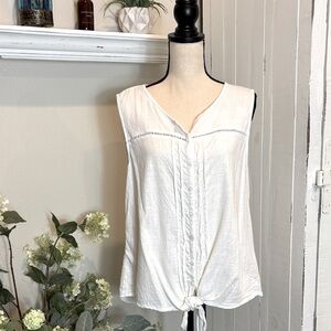 New Directions Linen Blend White Sleeveless Tie-Front Blouse XL